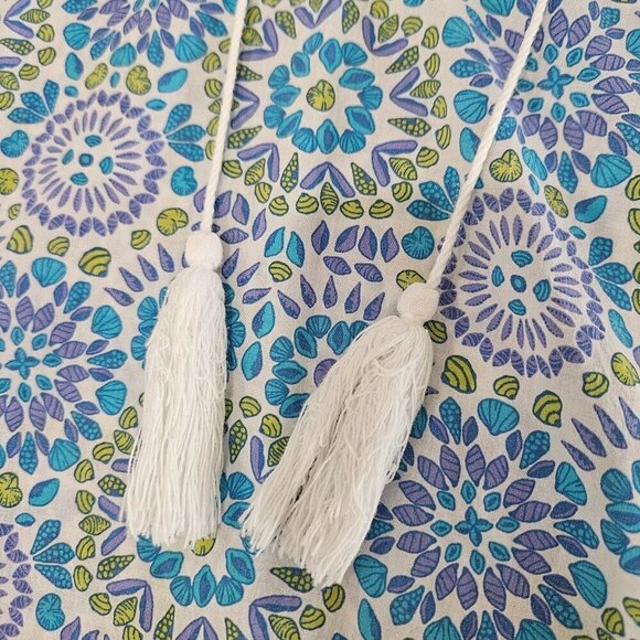 Fresh Produce XL Tunic Top Mosaic Shells Corine Blue Green Cotton Tie Neck - Picture 9 of 12